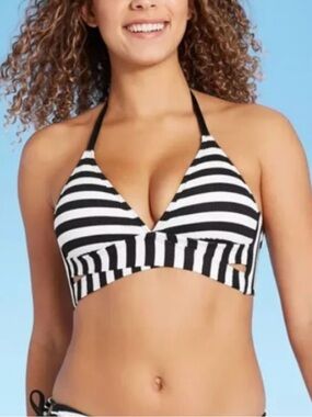 KONA SOL Black & White Stripe Faux Wrap Halter Bikini Top Size L